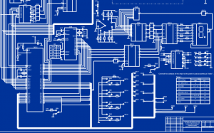 A schematic drawing of electrical circuits.