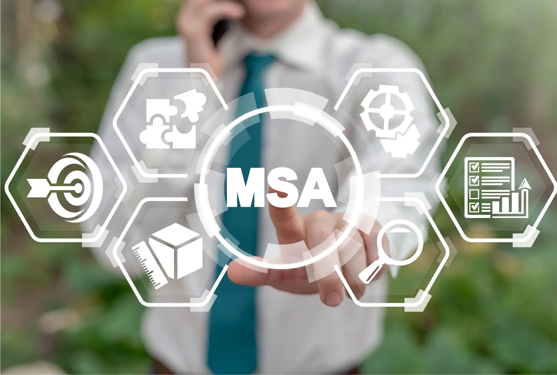 An icon representing Measurement System Analysis (MSA) best practices, touched by a person in the background.