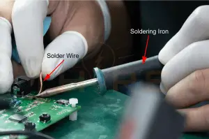 The hand soldering method, where a solder iron is used to melt the solder wire to release molten solder for forming solder joints.