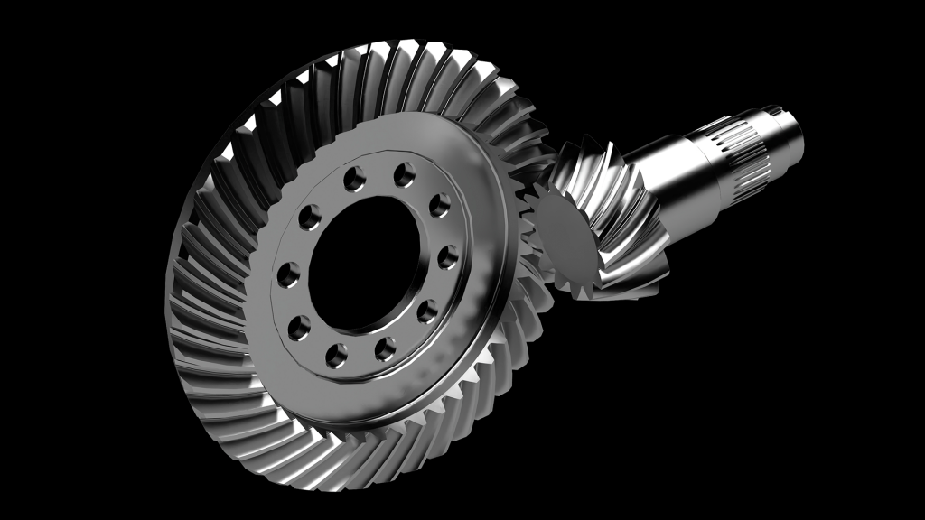 Illustration of a bevel gear pair in mesh, isolated from the tooth contact pattern testing machine setup.