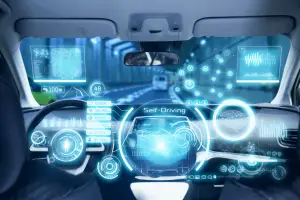 Futuristic car interior with digital dashboard and ADAS technology interface displaying navigation and sensor data.