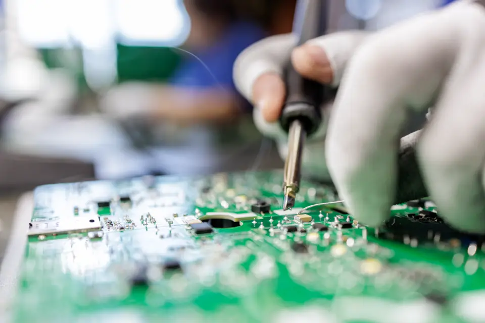 Electronic components are soldered onto a PCB using a soldering iron through the manual soldering method.