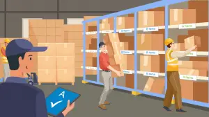 Inventory management warehouse illustration with workers organizing and tracking inventory items on storage shelves using ABC analysis, which uses collected data to determine which items represent the greatest value. 