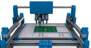 An illustration of a pick-and-place machine placing components on a PCB to create a Printed Circuit Board Assembly (PCBA).