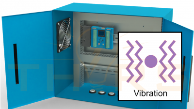Illustration of a PLC cabinet with a vibration icon, one source of faults that can lead to PLC downtime.