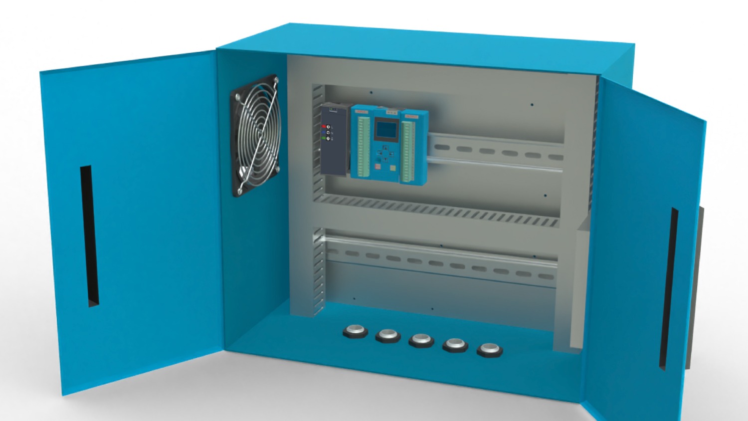PLC installation and troubleshooting process is performed on an electrical control cabinet with a programmable logic controller, I/O module, cooling fan, DIN rails, and control buttons.