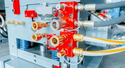 Close up of the cooling system of an injection molding machine.